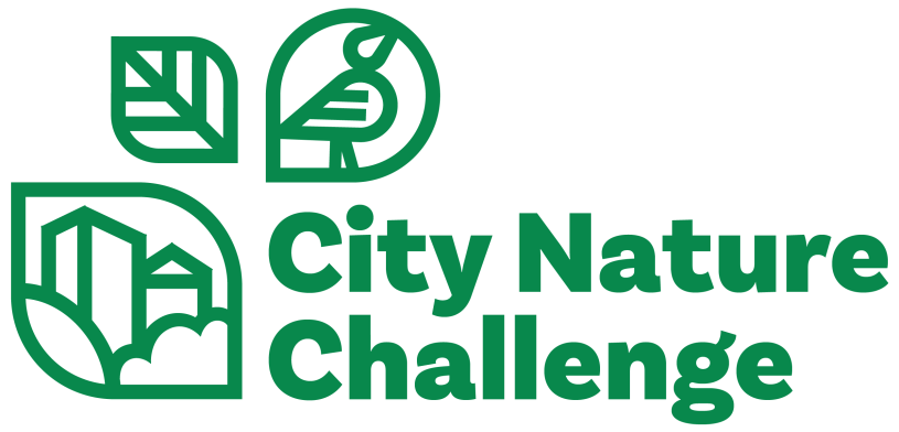 City Nature Challenge Logo with a cityscape, leaf, and bird icons