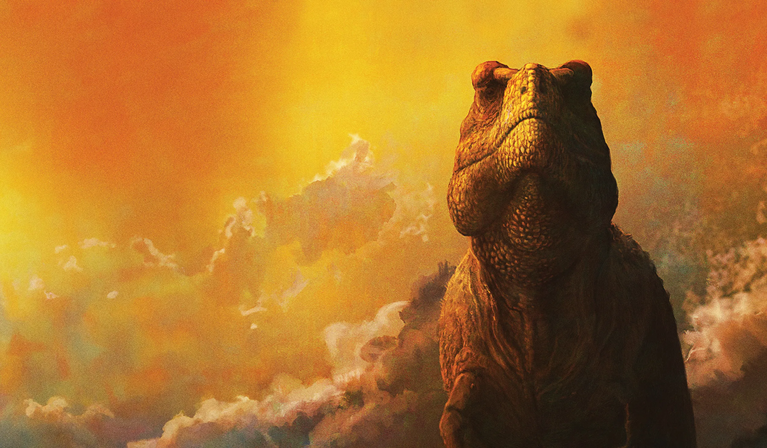 Orange-brown dinosaur against a cloudy orange-yellow sky