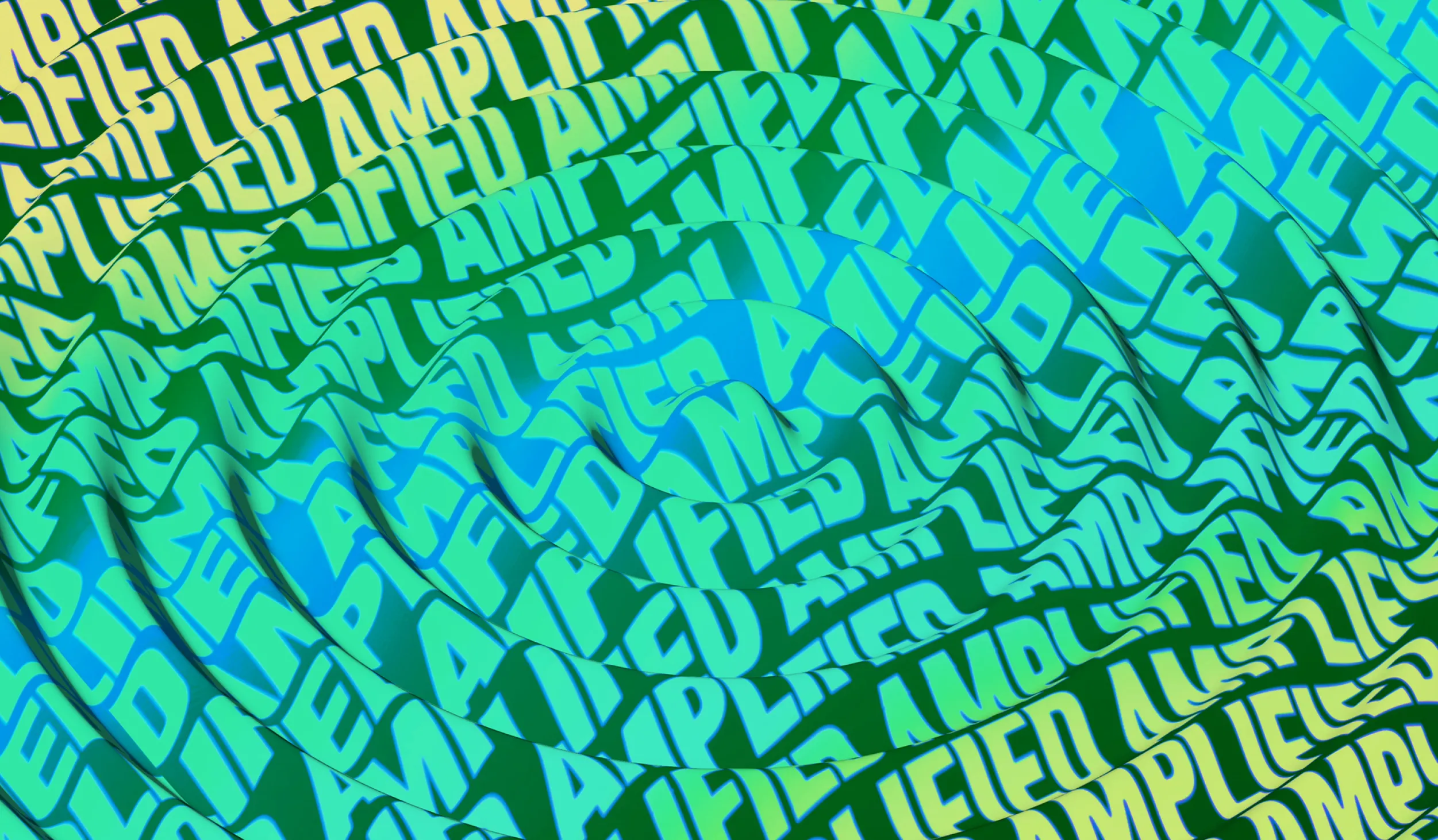 Amplified repeated in green, blue, and yellow text on a dark green background