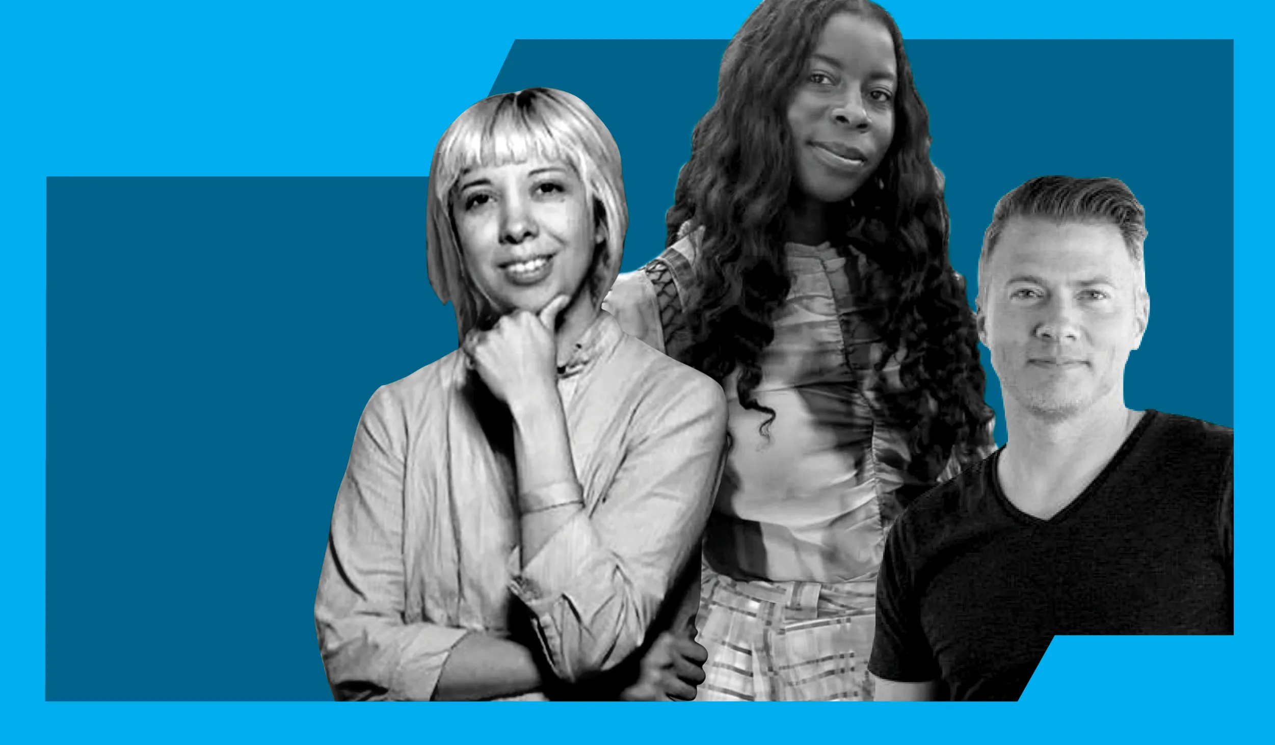 Sky-blue border around three cut-out people in black and white against a navy blue background 