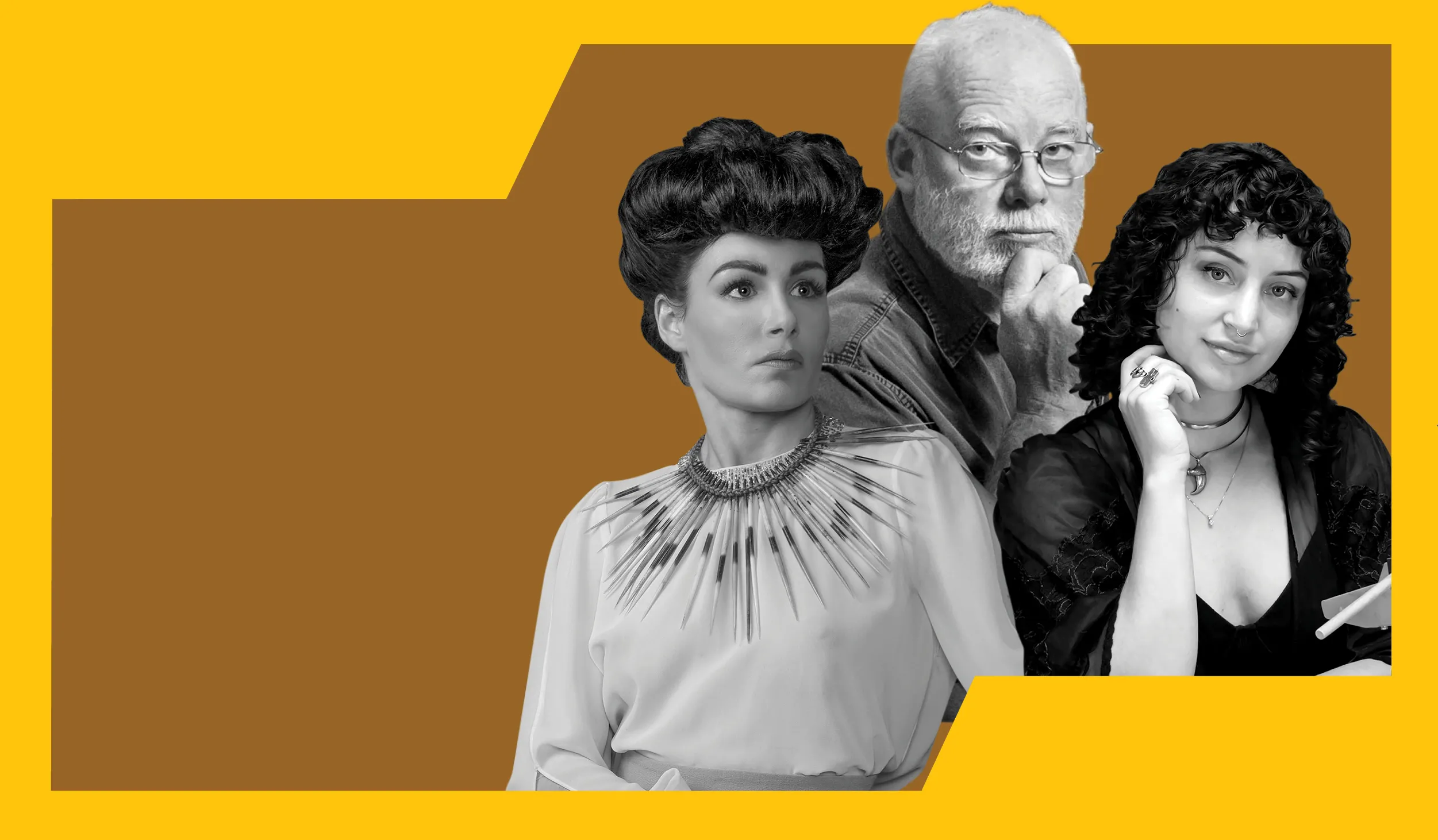 Yellow border around three black and white head and shoulder portraits of Allis Markham, Paloma Strong, and Tim Bovard