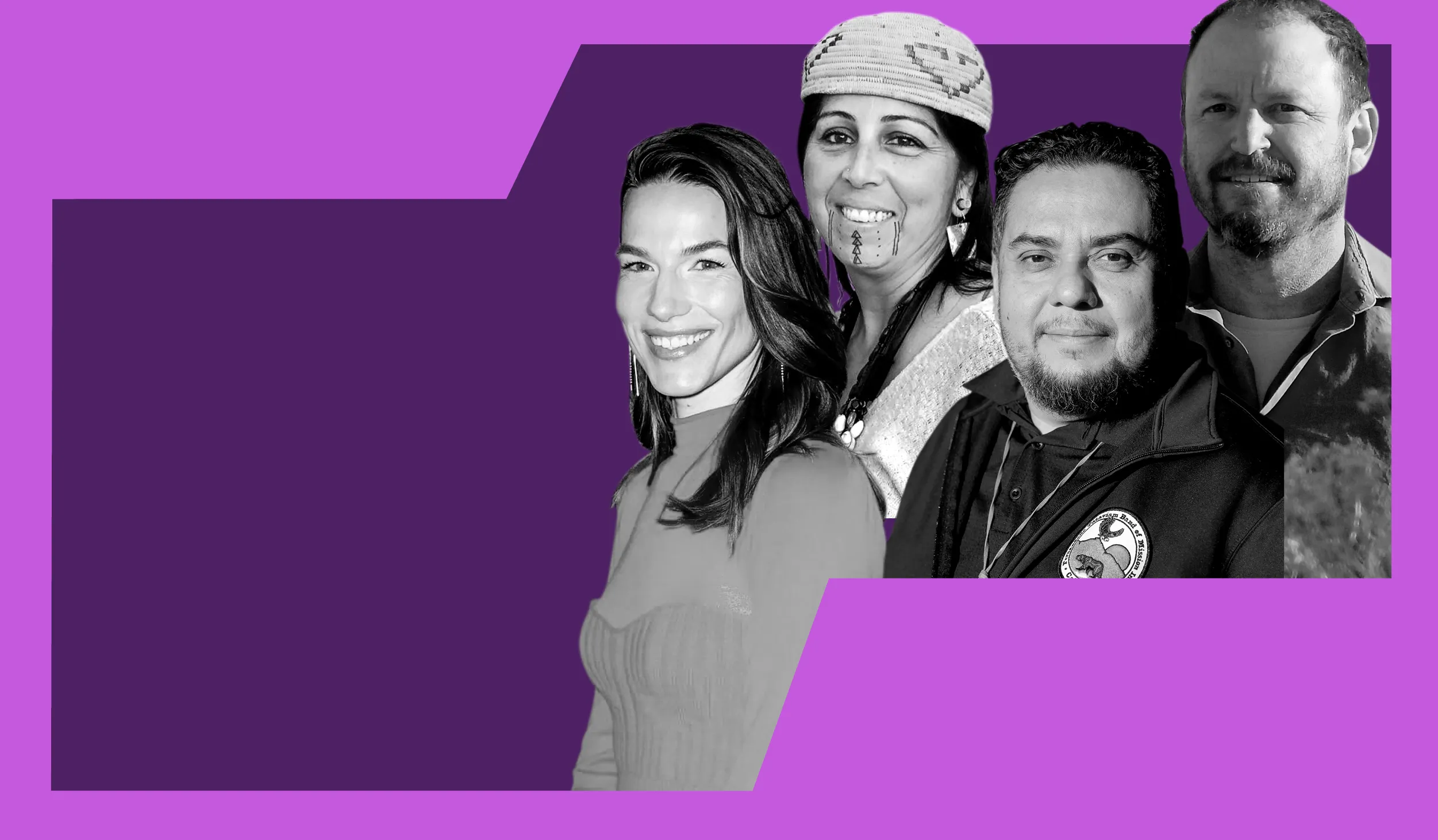 Light purple border around four speakers, in black and white, for The Many Faces of Conservation event against a dark purple background