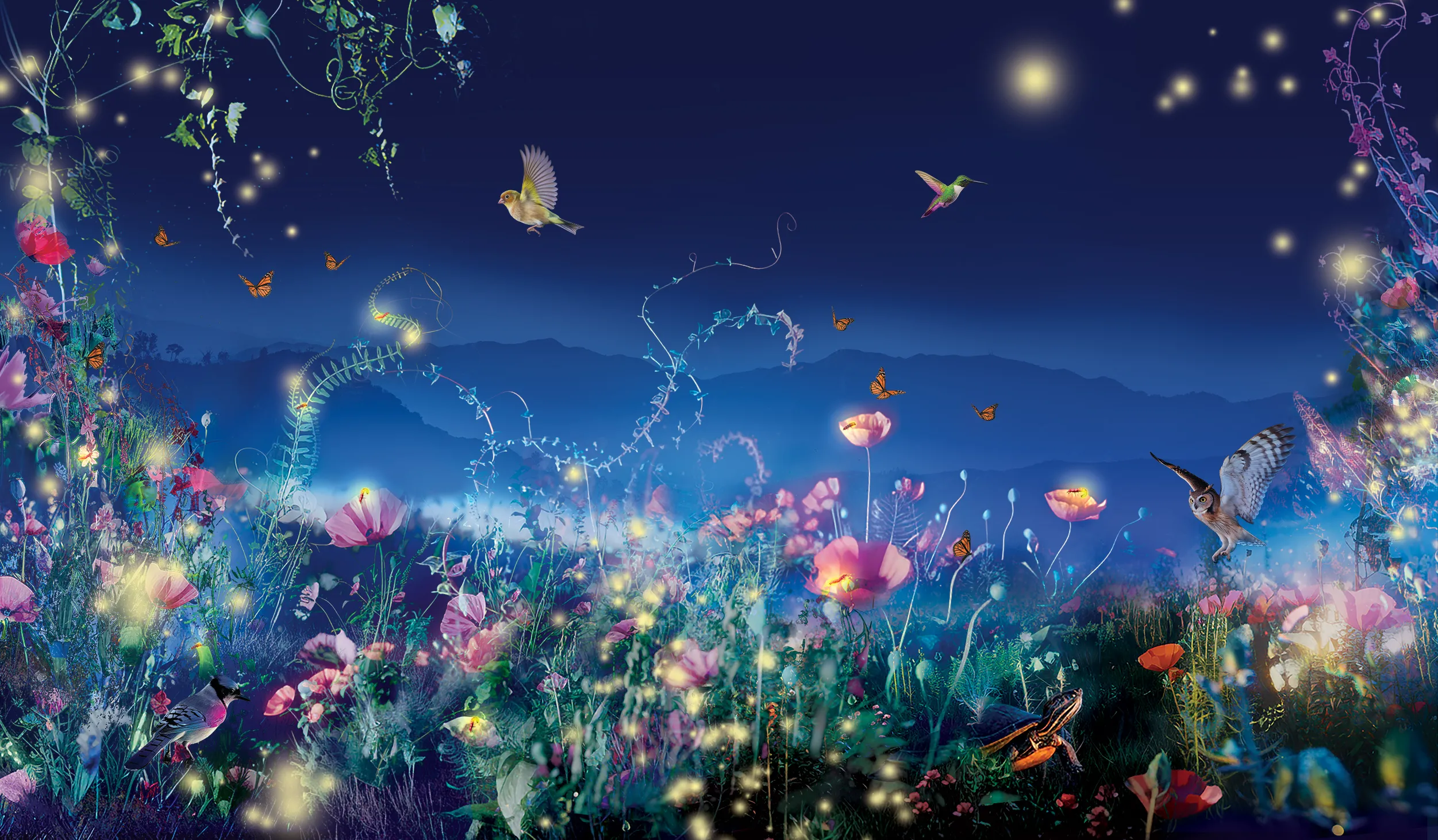 Glowing hummingbirds, flwers, and circles of light against a backdrop of mountains and blue sky 