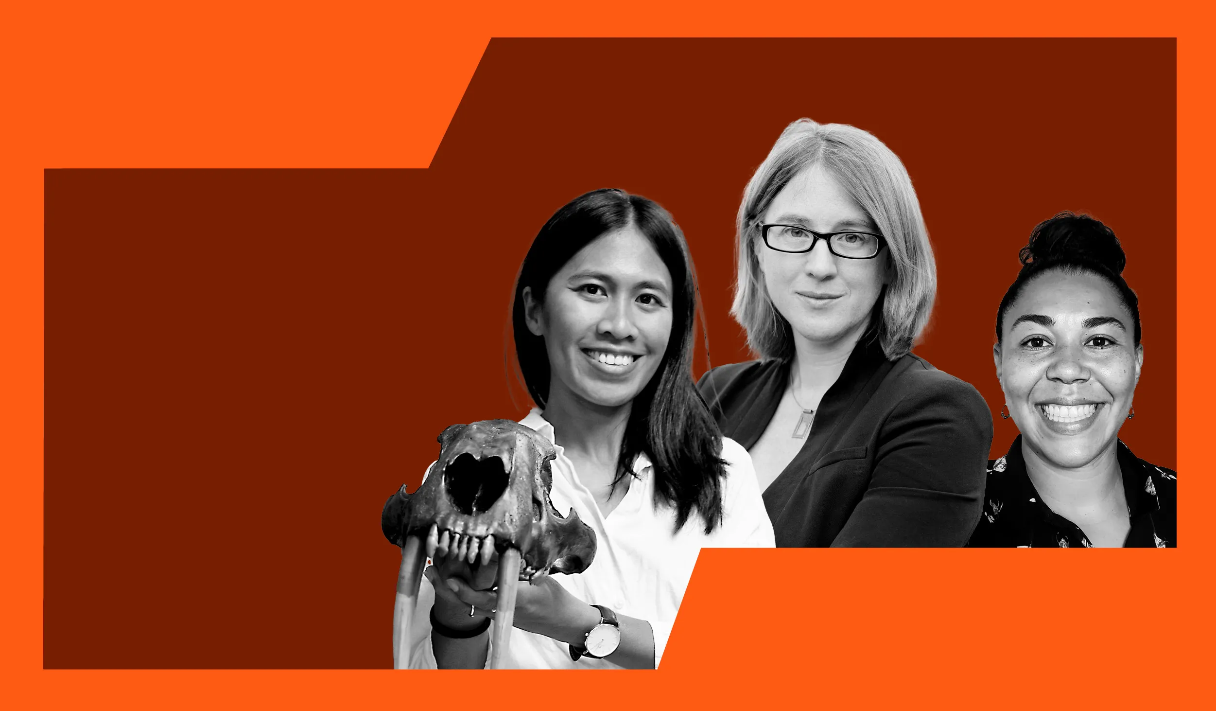 Orange border around Mairin Balisi, Emily Lindsey, and Jazlyn Mooney in black and white against a maroon background