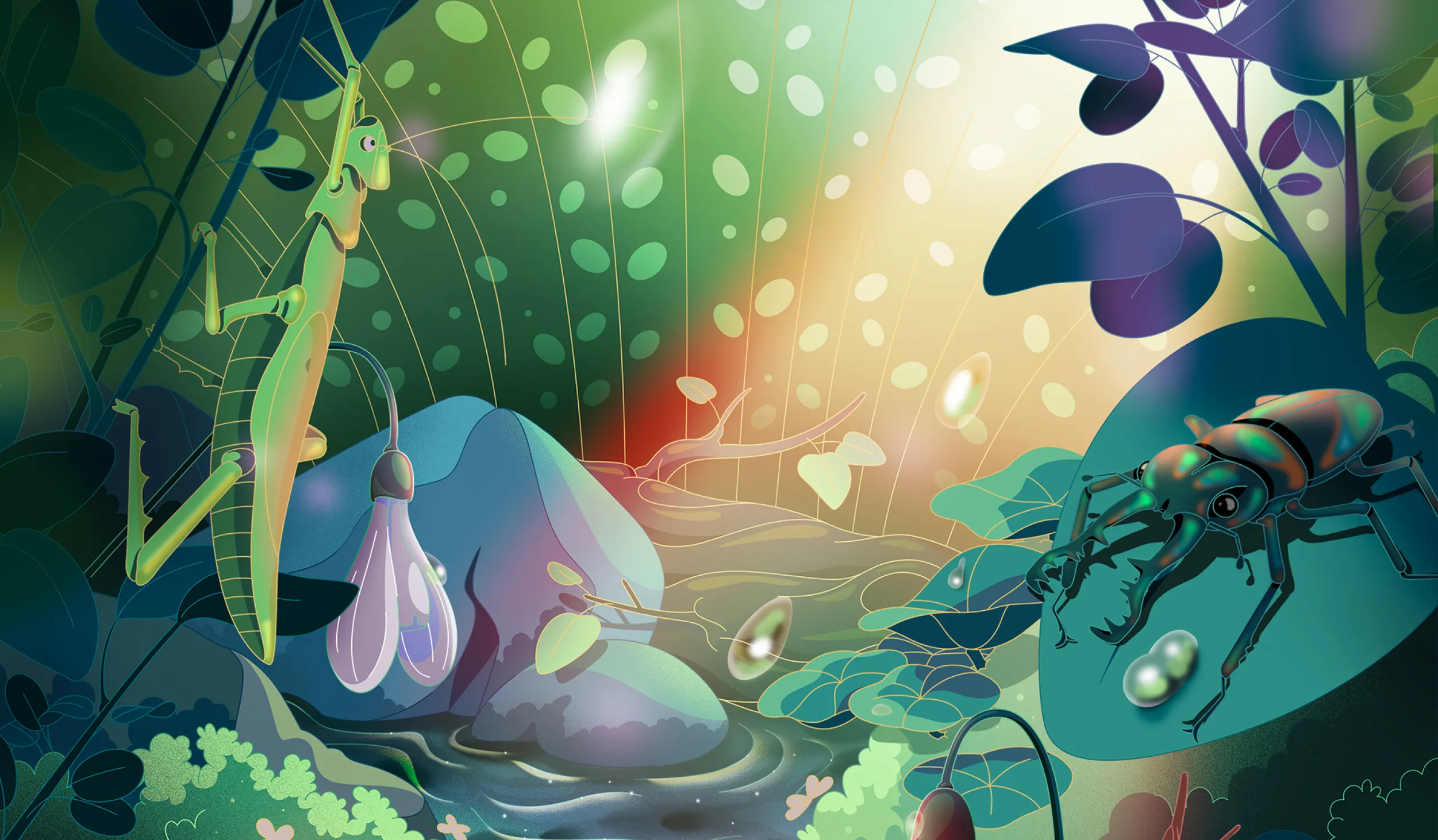 illustrated green foliage with a variety of bugs and streaming sunlight