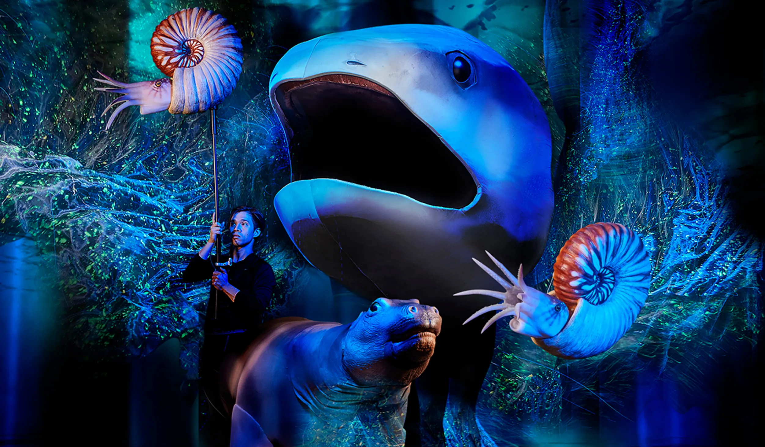 Sea creature puppets against a blue-green sparkly background