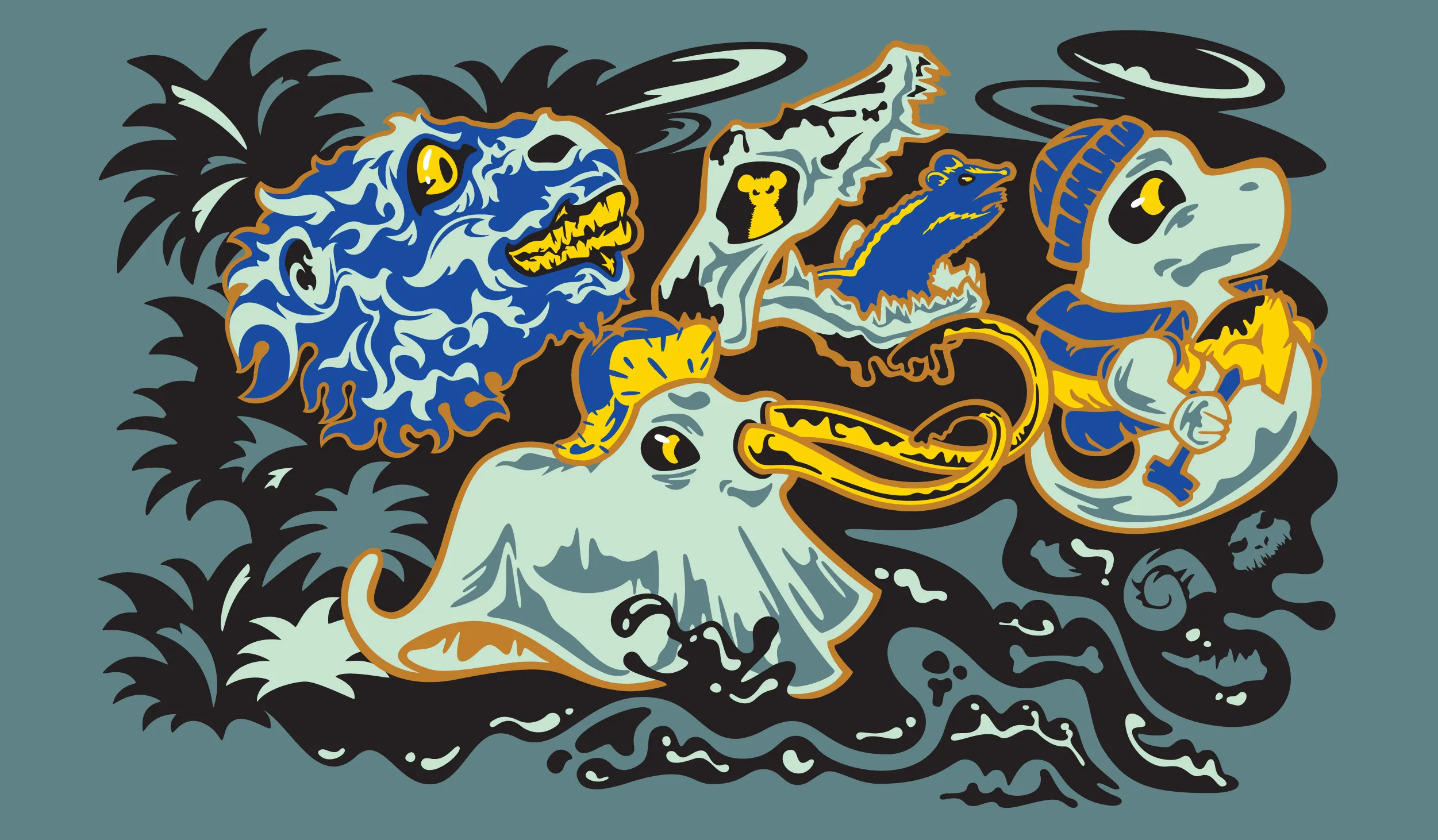 White and blue ghosts on a blue-gray background