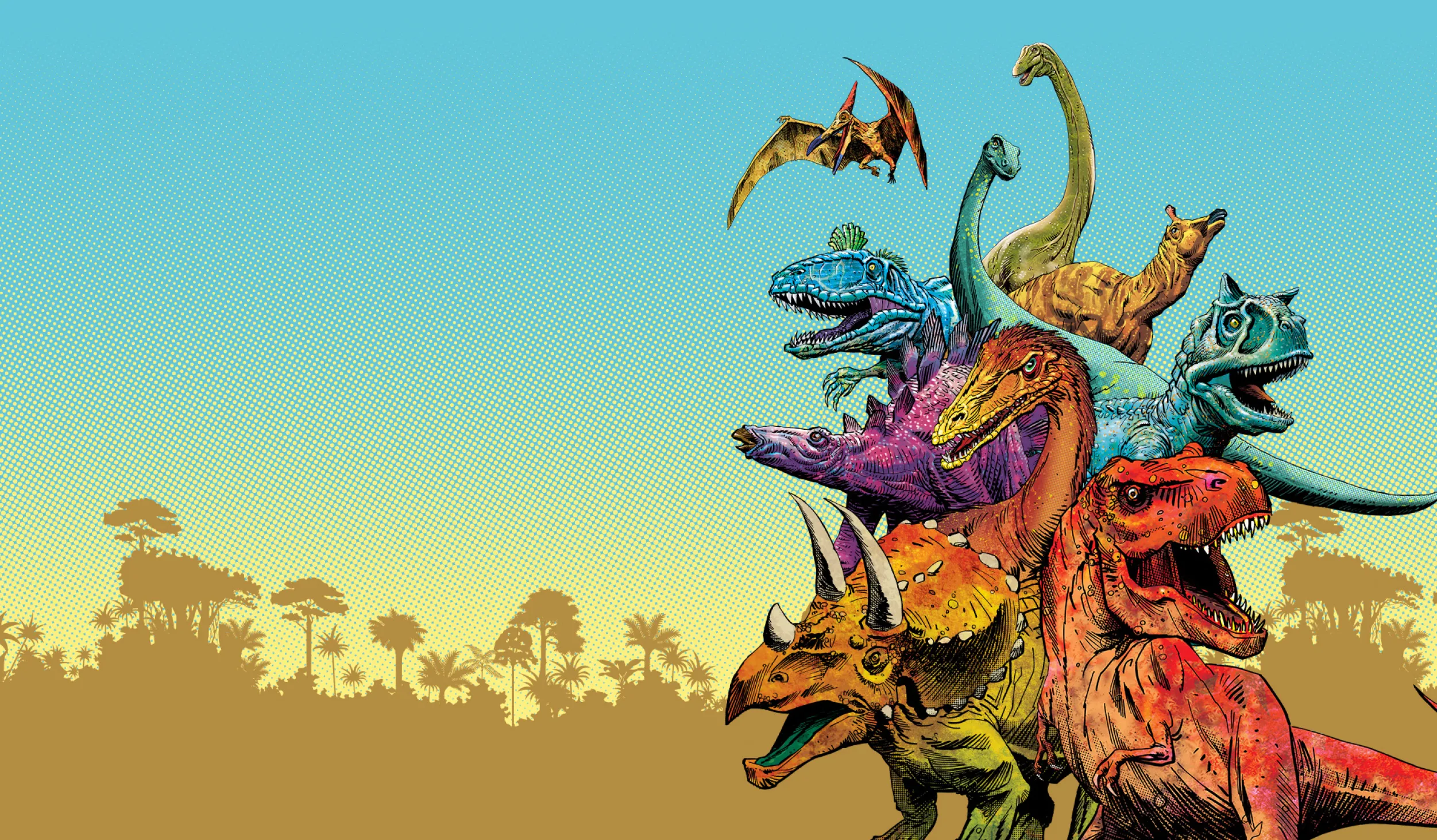 A collage of dinosaurs of various types 