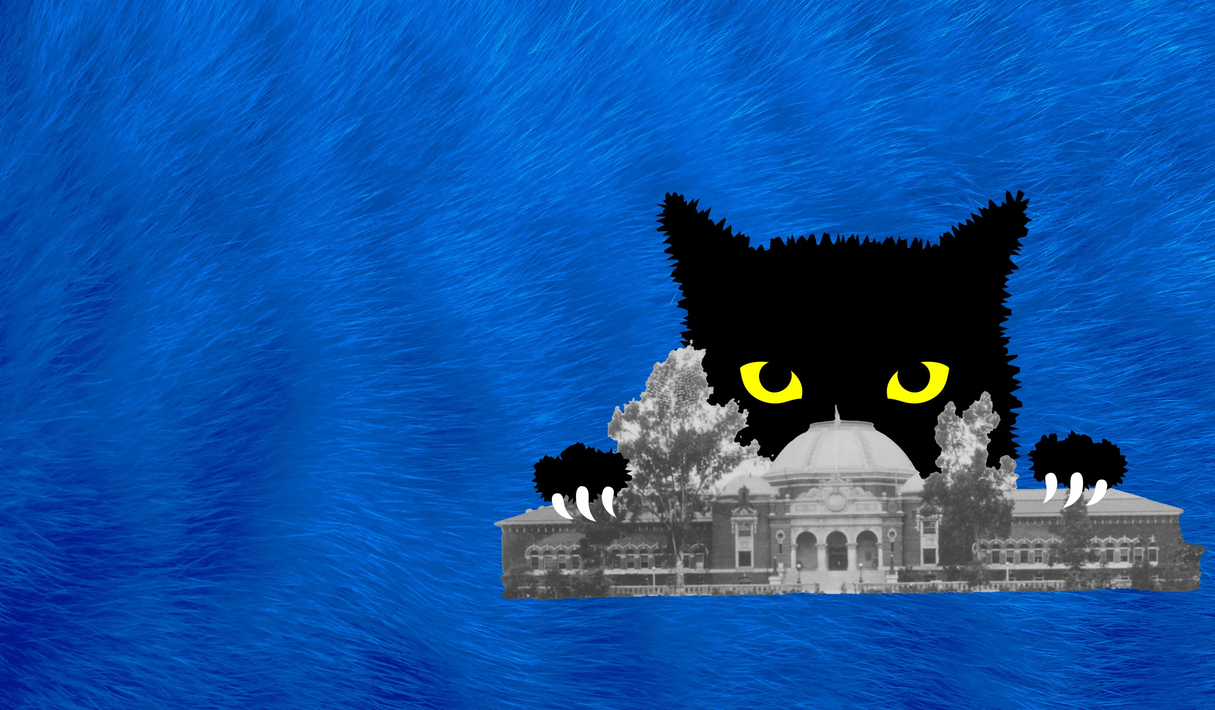 Black cat with yellow eyes peeking out from behind a gray brick building with a central dome, against a furry blue background