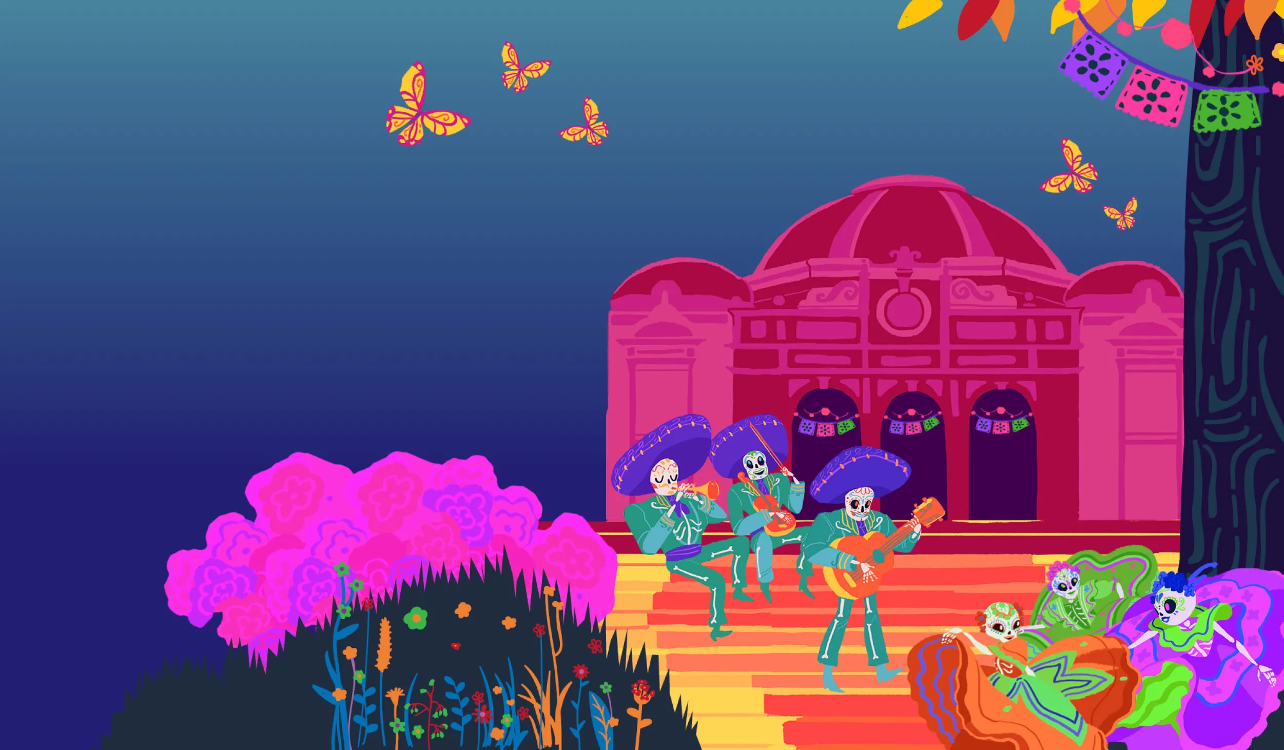 Welcome Day Día de los Muertos in white text over a blue background with orange butterflies, a red-pink building with a domed top, and skeletons wearing green suits, purple hats, and playing guitars on orange steps