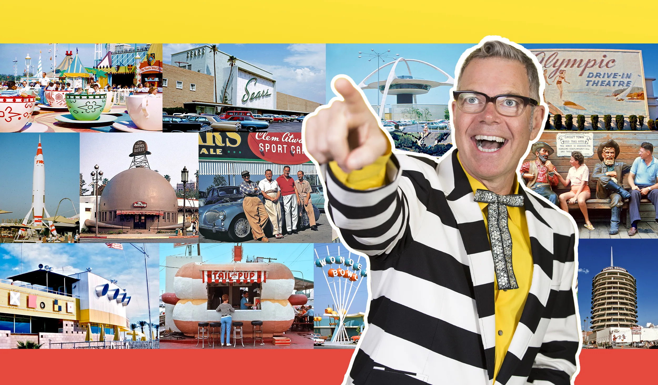 Charles Phoenix in a black and white top pointing outwards against a collage of photos of buildings against a blue sky