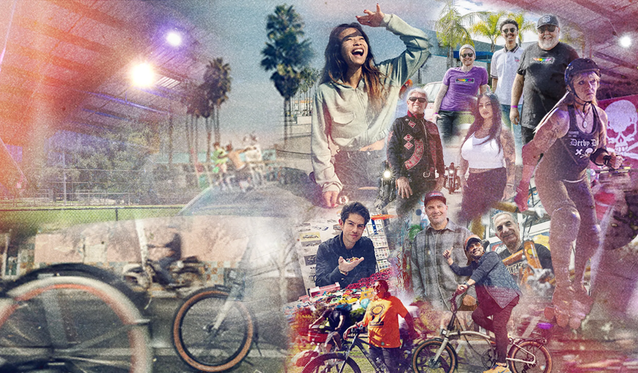 LA on Wheels Day in cream capital letters against faded blue and pink tinted photographers of people