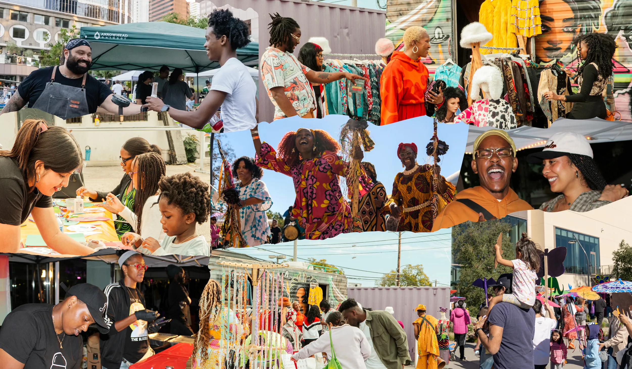 Collage of cut out phototgraphs of people dancing, doing arts and crafts, and looking at racks of clothes