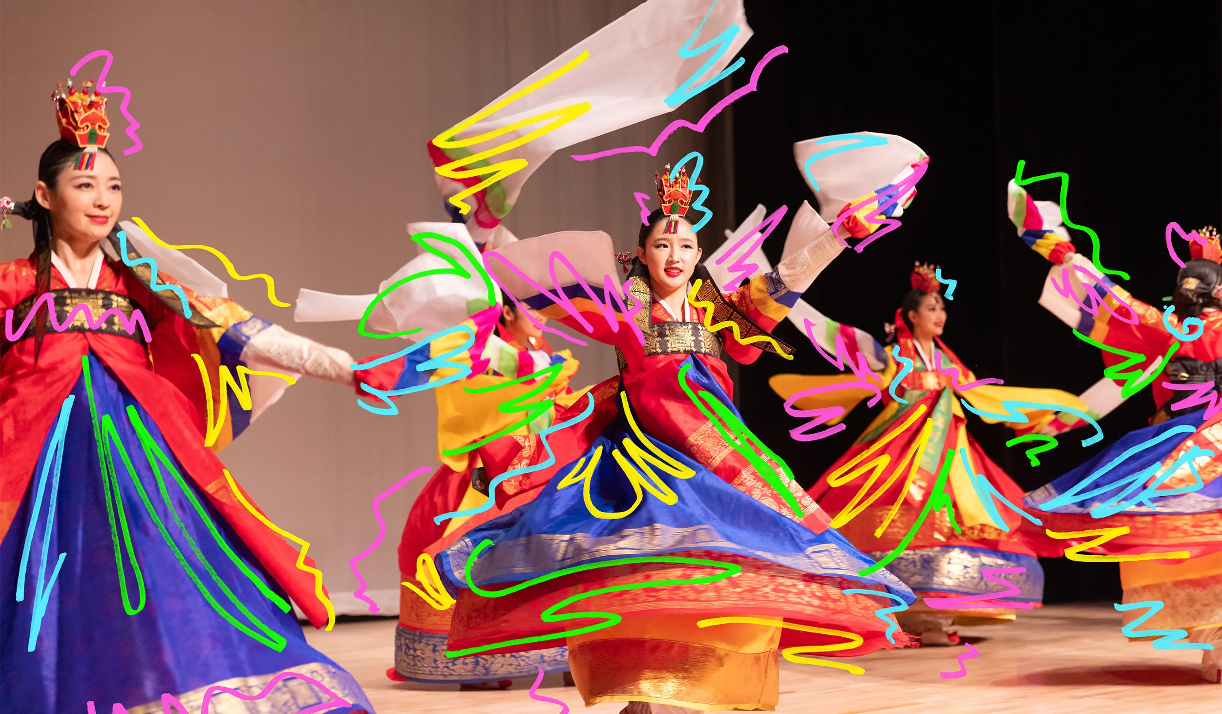 Swirls of colorful lines over twirling dancers