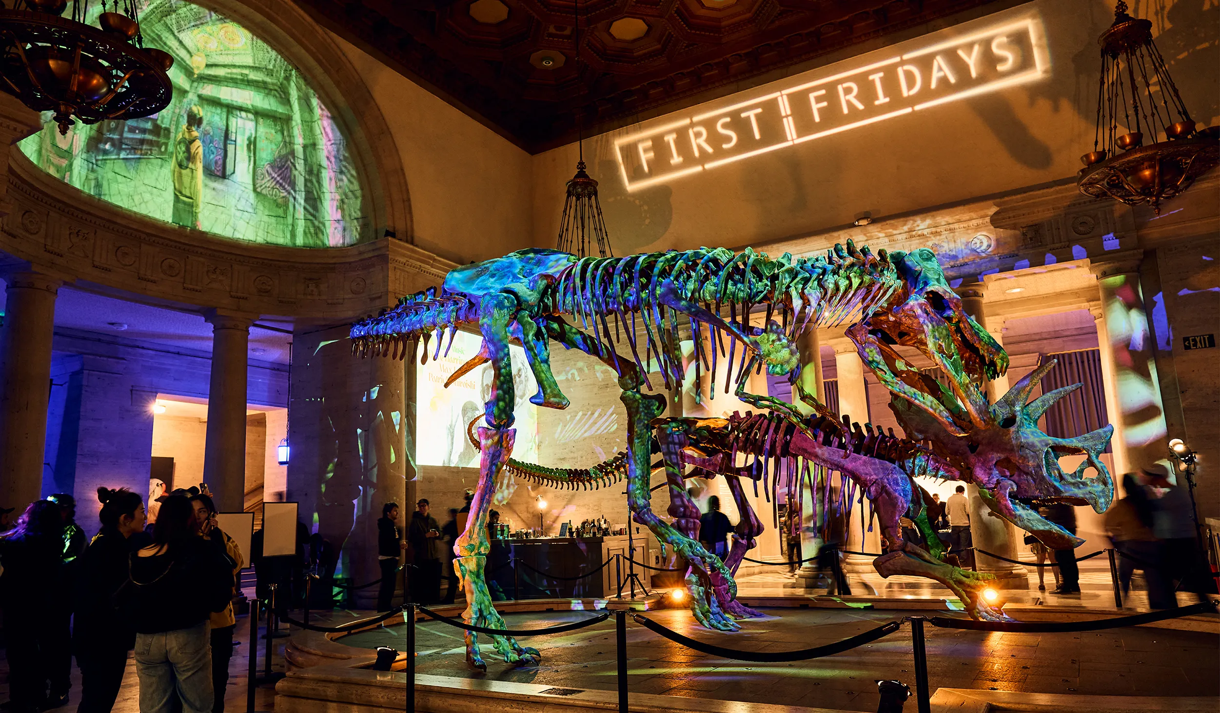 Two dinosaur skeletons with green and purple light projected over them and First Fridays projected on the wall behind them
