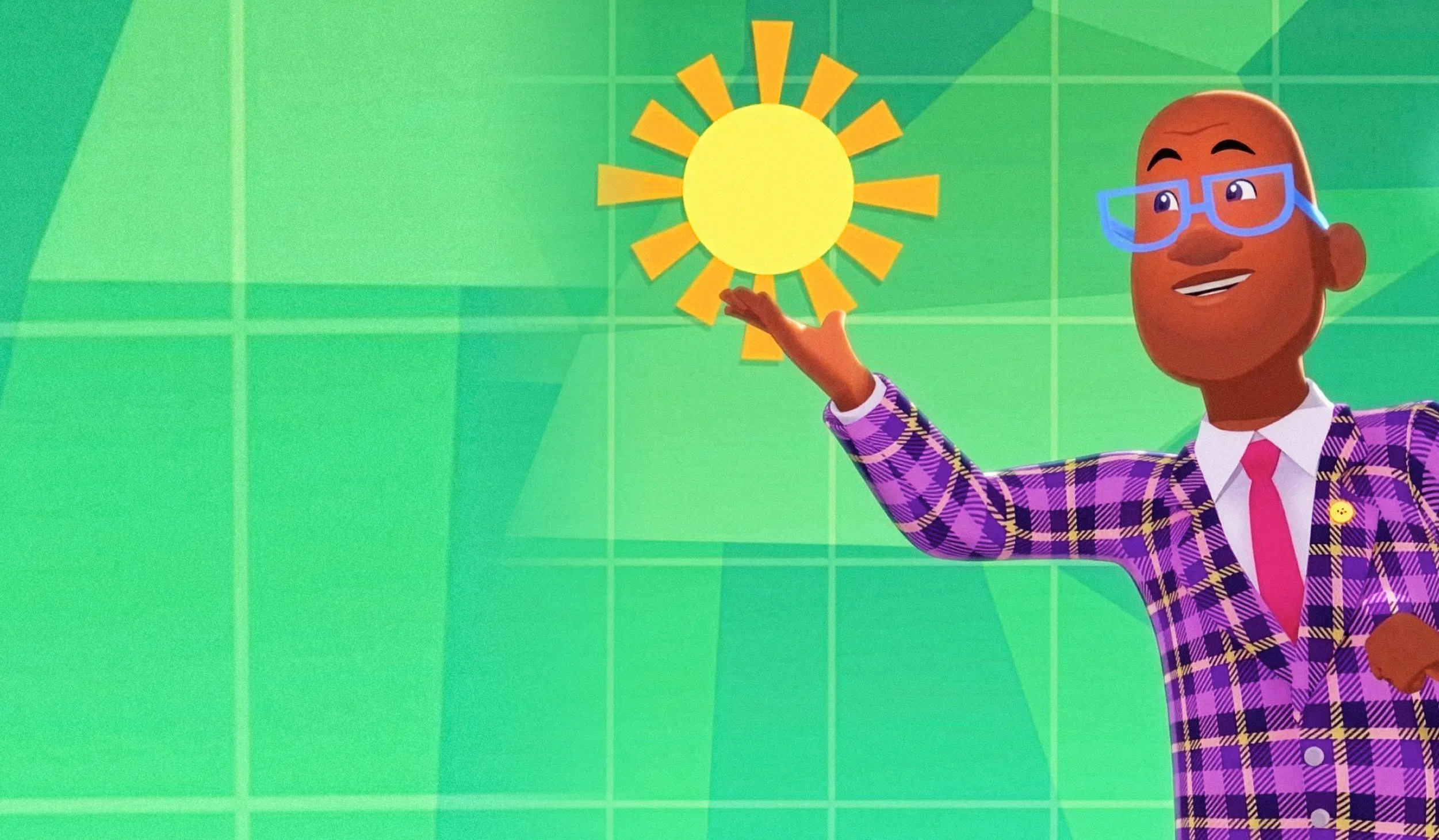 Caricature of Al Roker wearing glasses, a red tie, and checkered jacket with arm reaching towards the sun, against a green checkered background