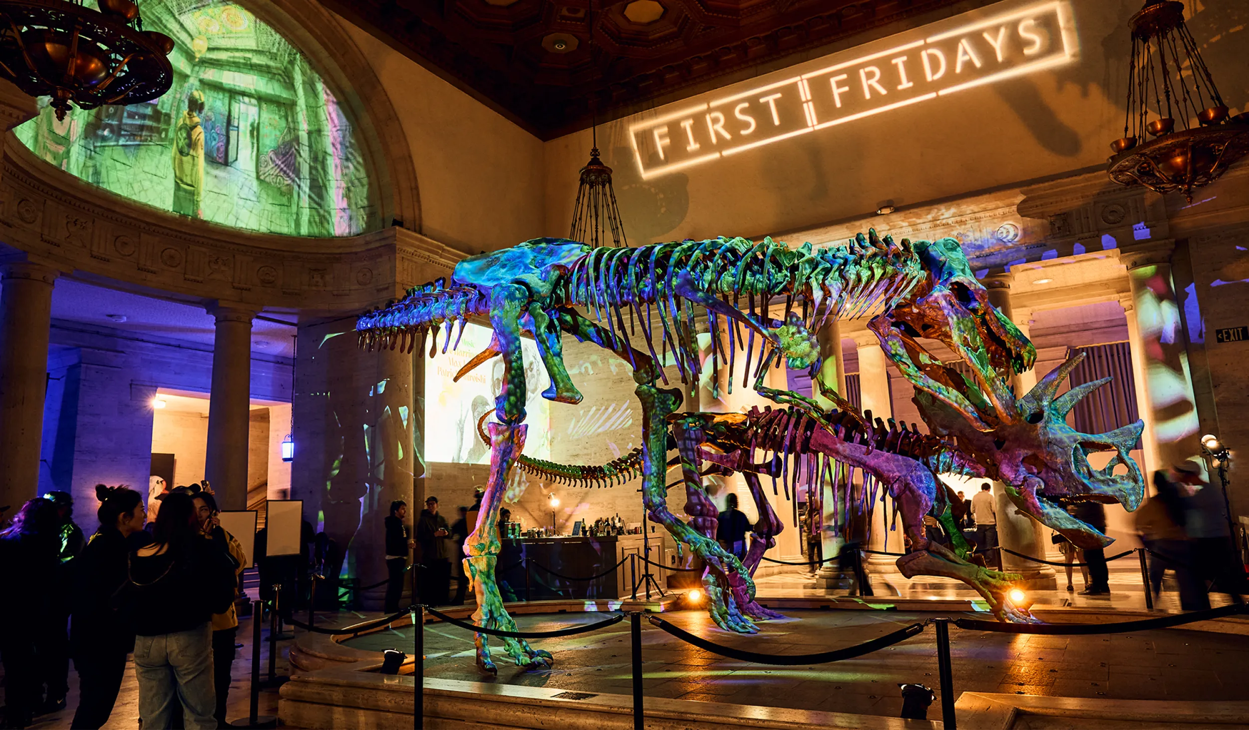 Two dinosaur skeletons with green and purple light projected over them and First Fridays projected on the wall behind them