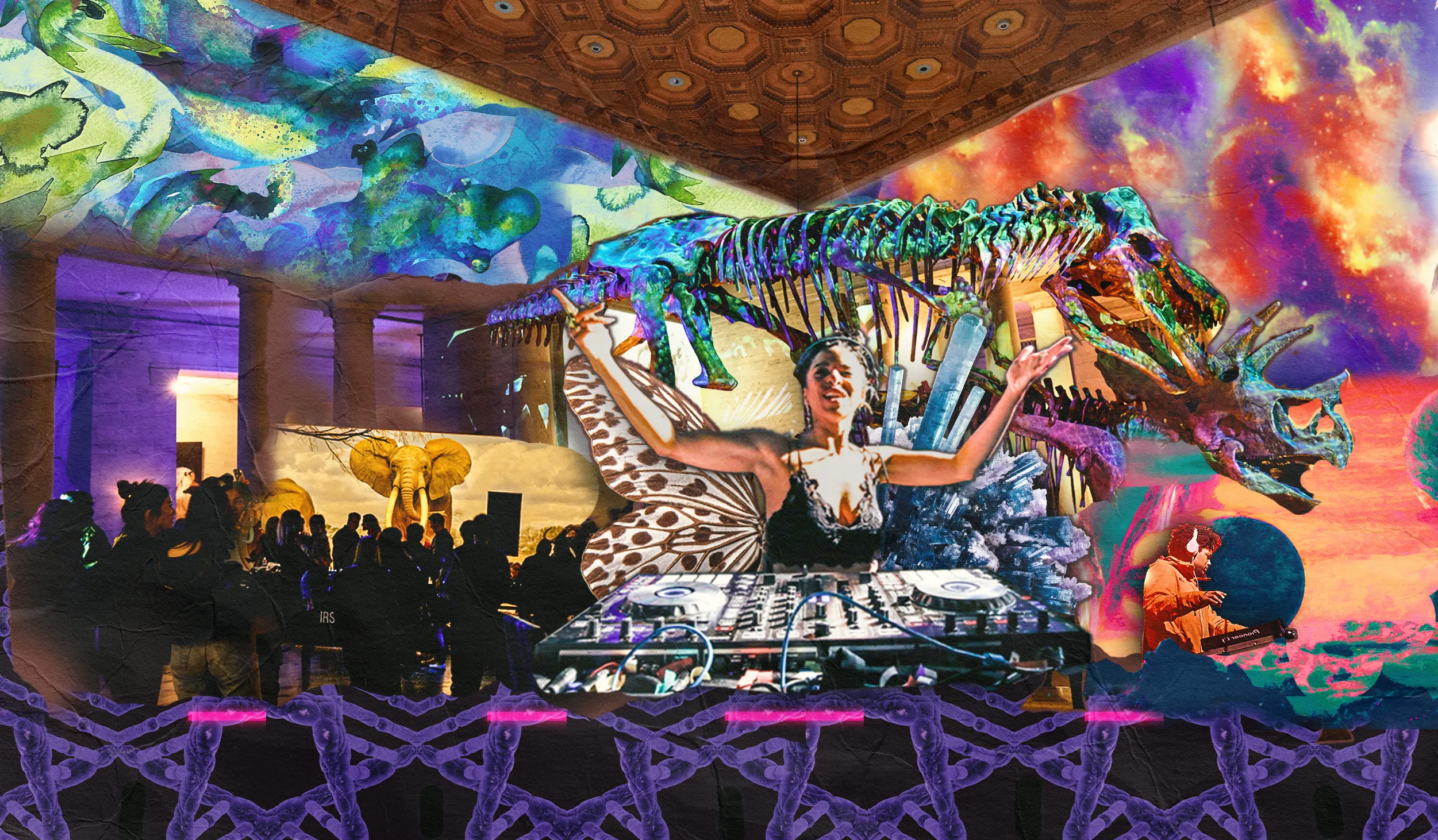 DJ with raised arms behind a turntable with dinosaur skeletons with colorful, psychedelic lighting in the background 
