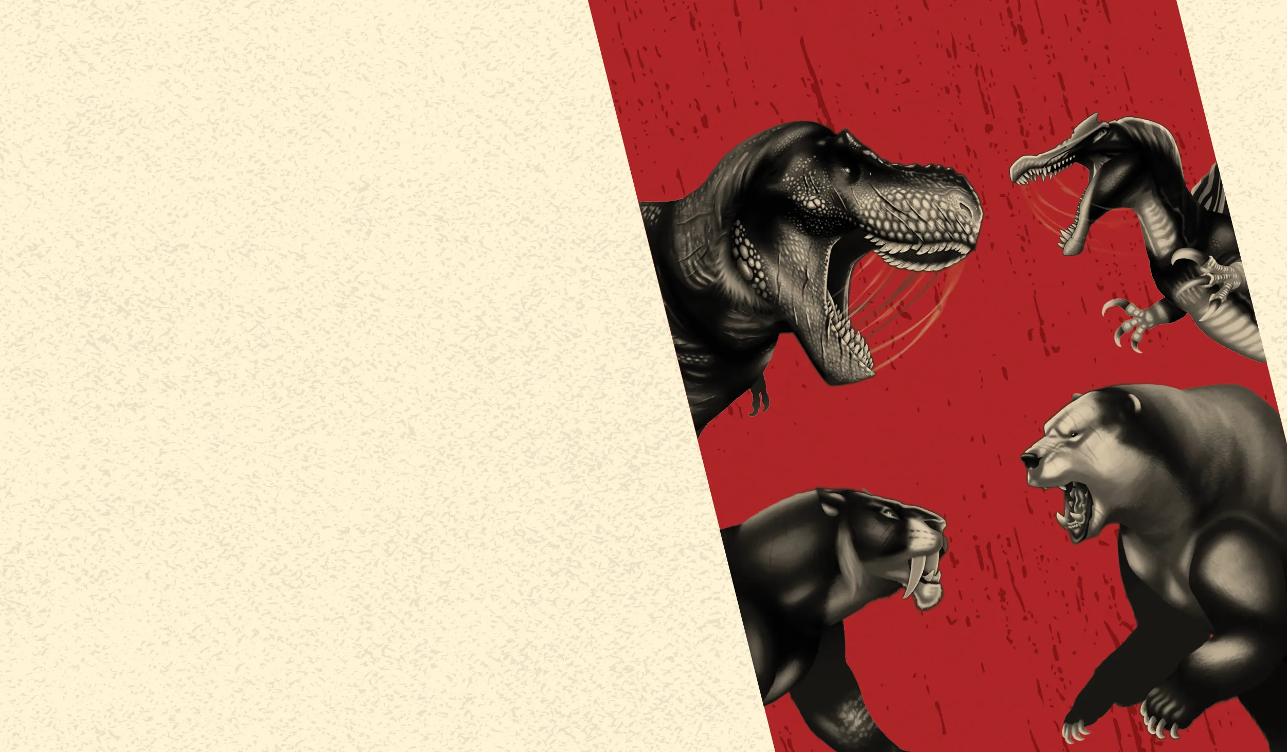 Black and white dinosaurs facing each other above a baber-toothed cat facing a bear, against a red stripe on a cream background