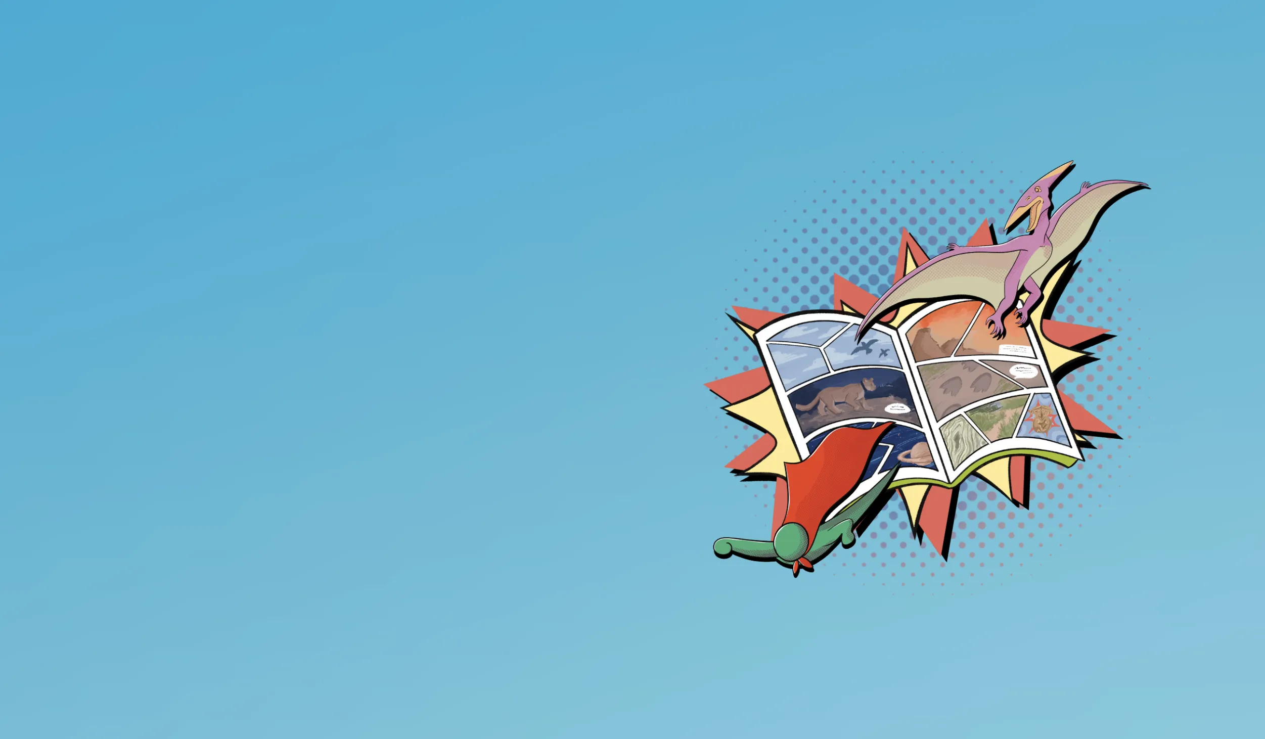 Comic image of a pterodactyl and a superhero emerging from a comic book in front of a blue background.