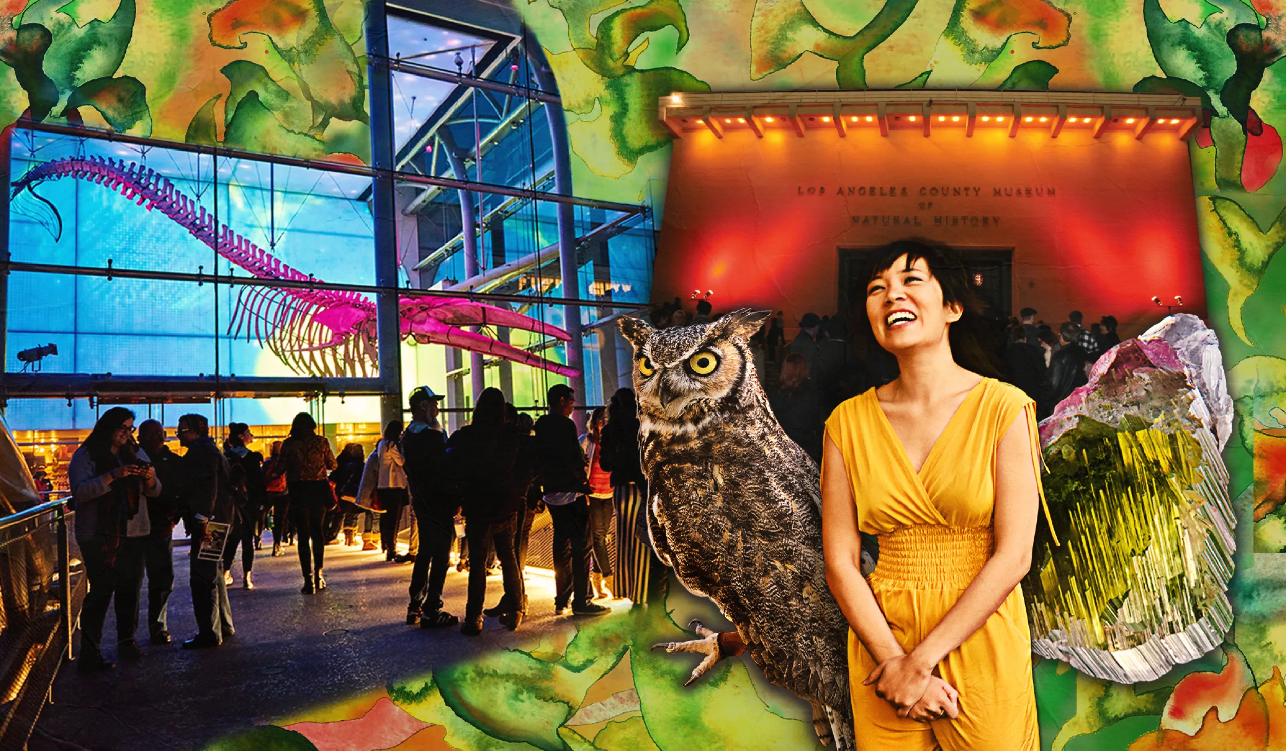 Performer in yellow dress between an owl and a green and purple gem, with a see-through building and visitors in the background