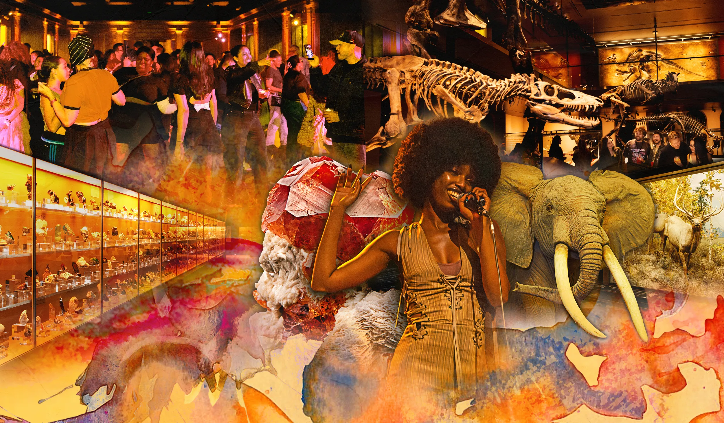 Collage of central woman with microphone and hand in the air, with an elephant, gems in a display case, and a crowd dancing around her