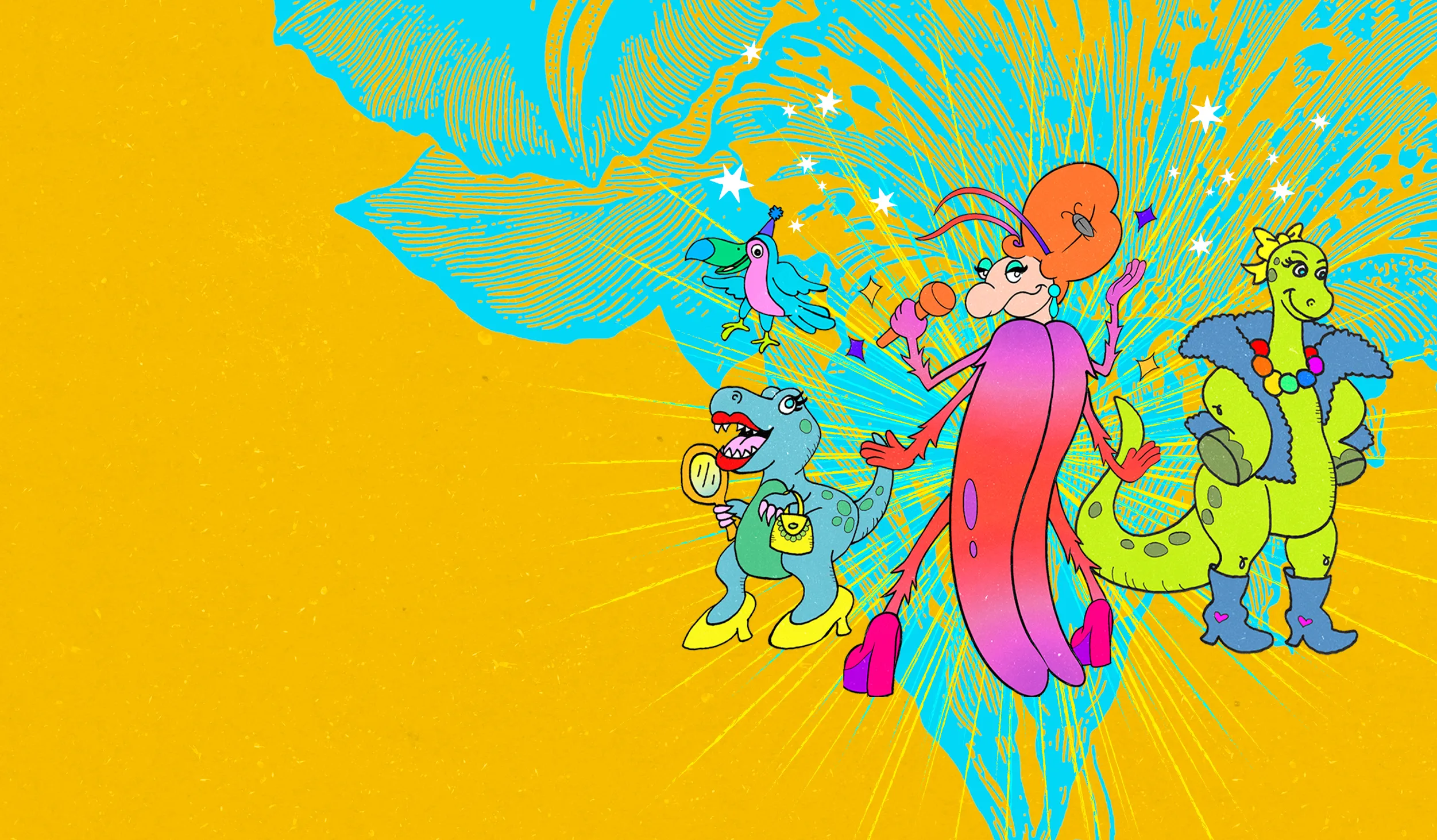 This event poster, titled "PRIDE in BLOOM," features whimsical, retro-style illustrations of cartoon dinosaurs, a bird and an insect in drag on a mustard yellow and turquoise backdrop. It is an announcement for an event sponsored by the Natural History Museum Los Angeles County, DRAG ARTS LAB, and Los Angeles Public Library.