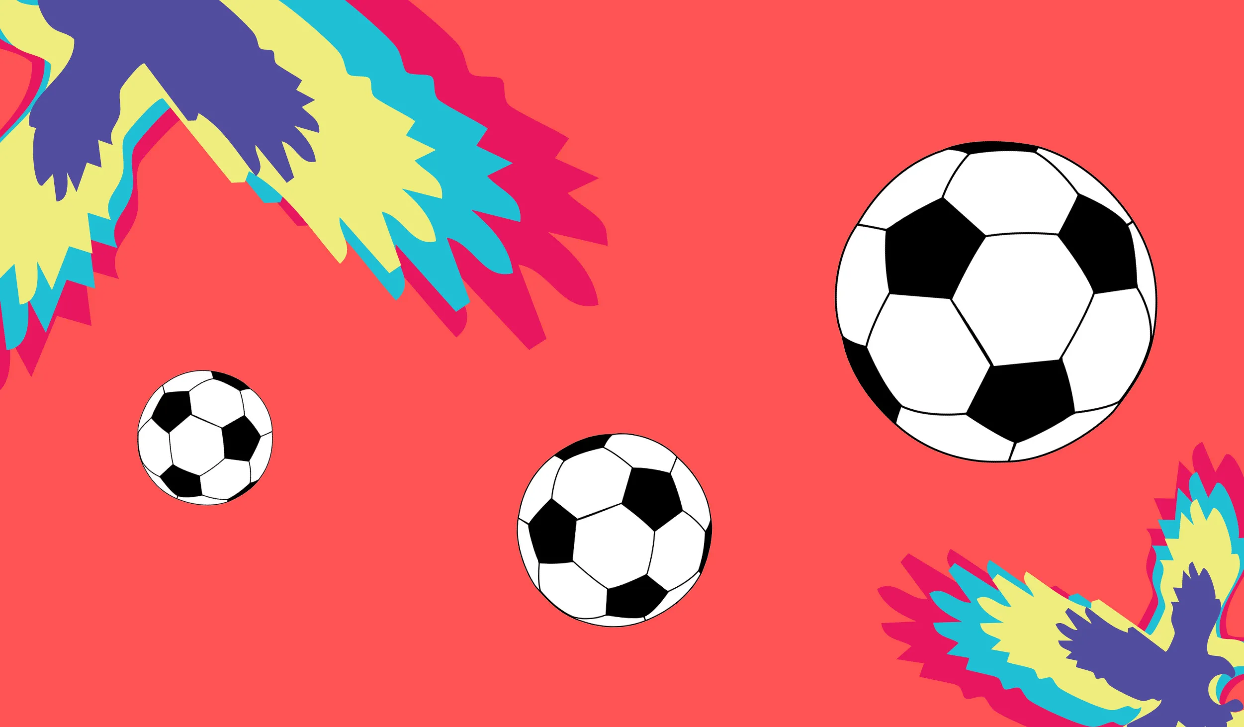 Colorful eagle silhouettes next to soccer balls in motion against a bright red background.