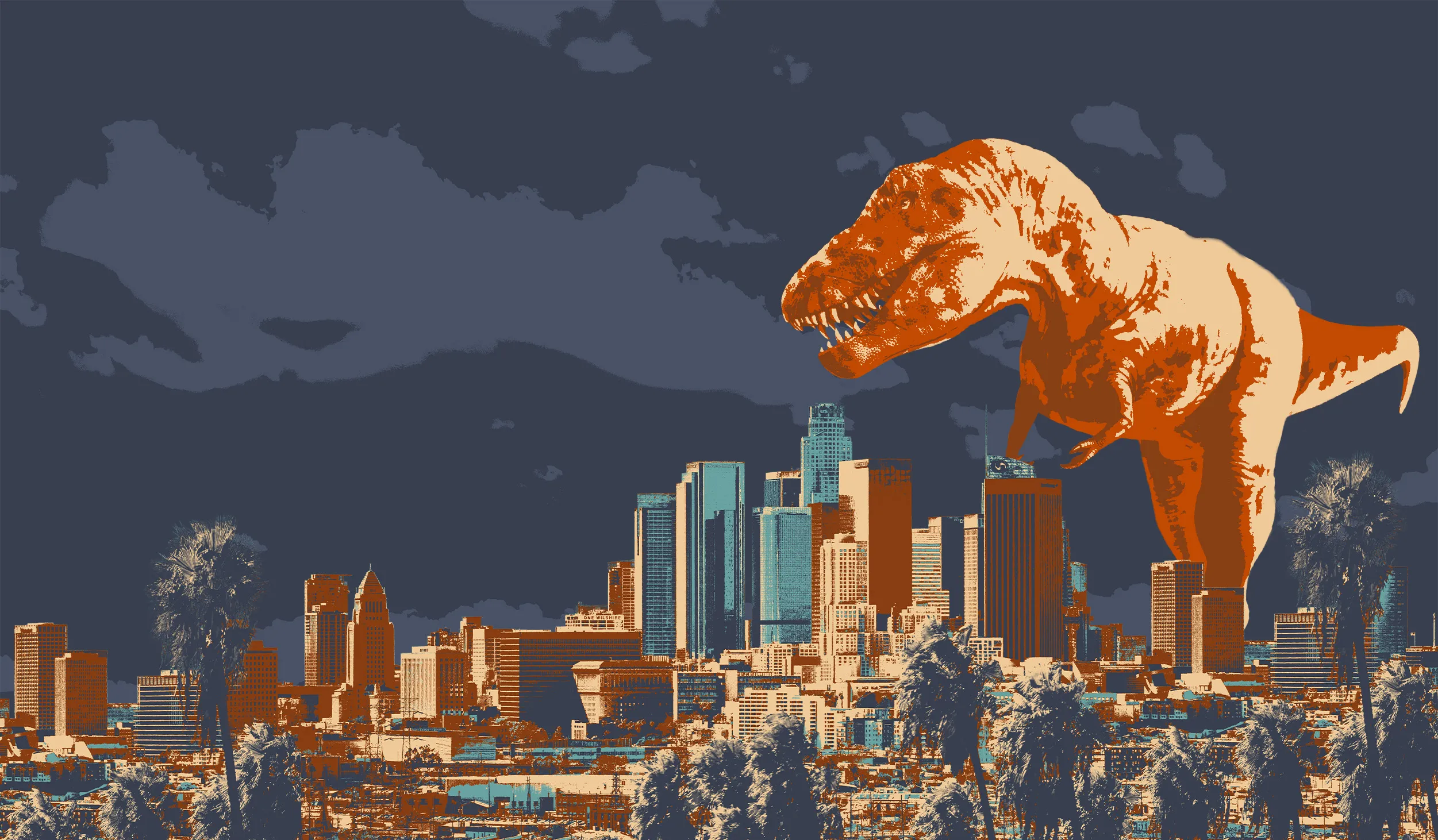 Dino Fest 2026 art - featuring a T. rex in the LA Basin