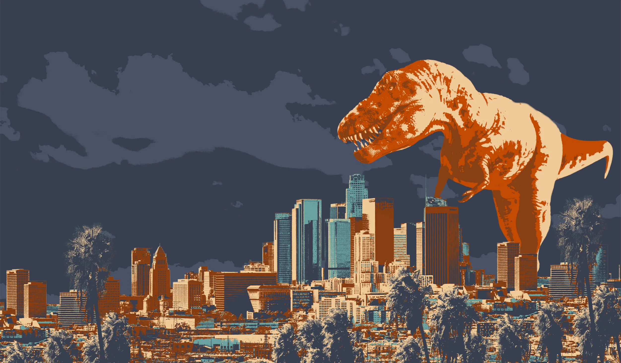 orange dinosaur hovering over downtown Los Angeles buildings