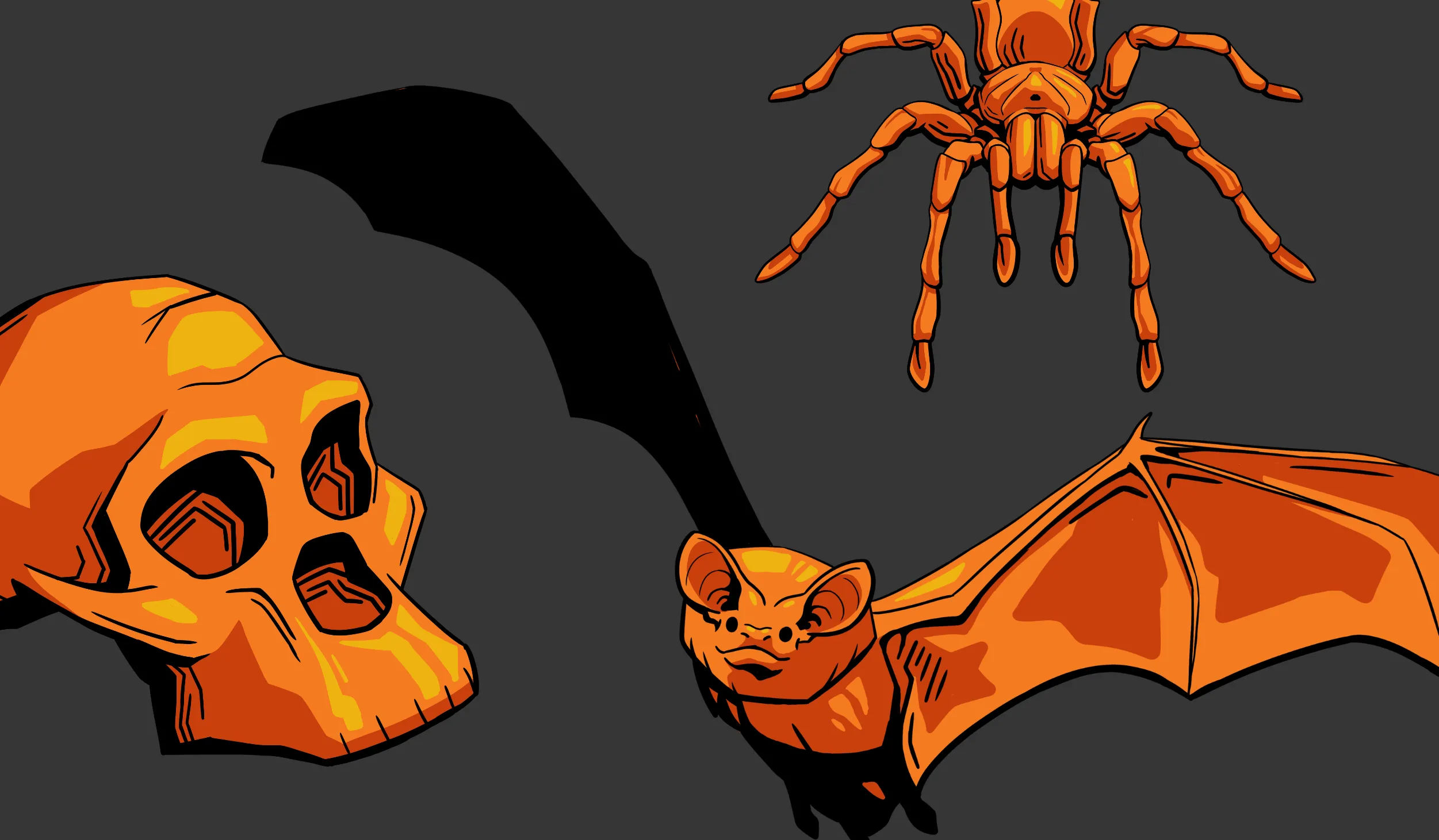 Orange skull, spider, and bat on a gray background