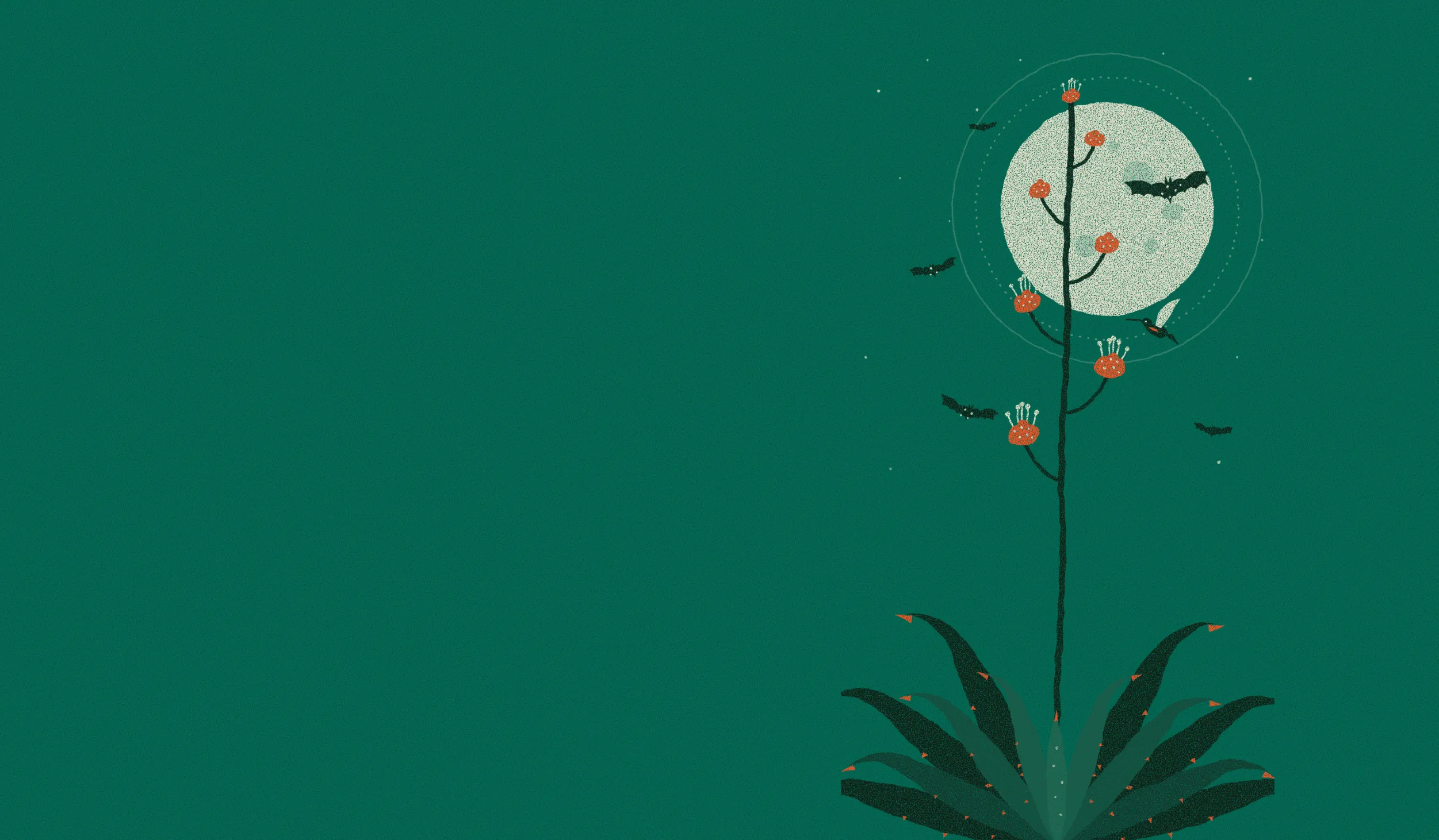A graphic depiction of dark green bats and a bird surround an agave plant in front of a full moon on a green background.