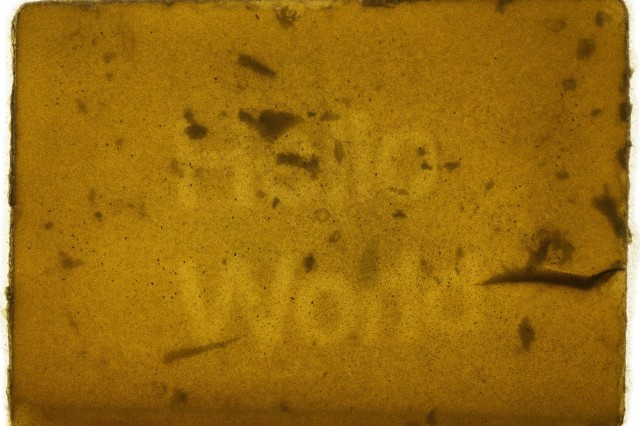 The first photograph printed on a living biofilm of bacteria, which spells out &quot;Hello World&quot;