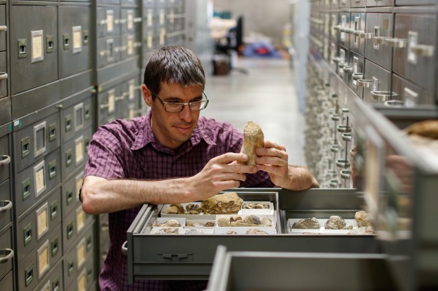 austin hendy looking at specimens in collections research and collections