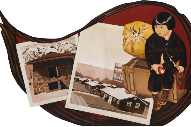 Detail of mural showing Japanese internment camps and young Japanese girl with her possession