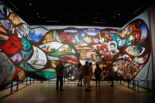 Photo of Barbara Carrasco&#039;s mural, L.A. History: A Mexican Perspective, installed in the gallery