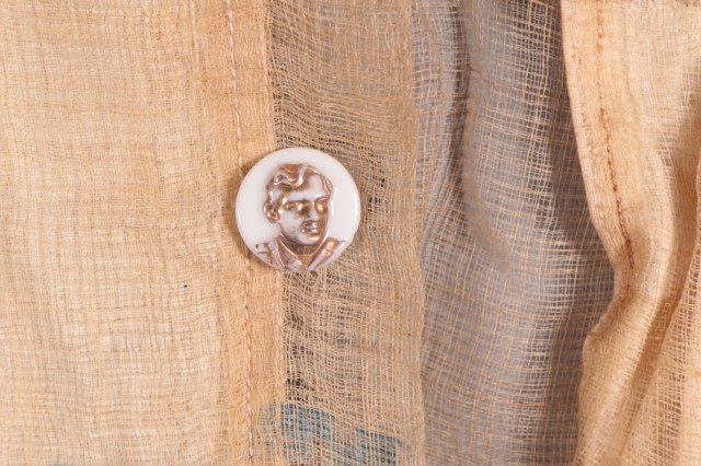 Anthro - Philippine Jusi Cloth: Detail of button on sinamay man&#039;s shirt, Jose Rizal