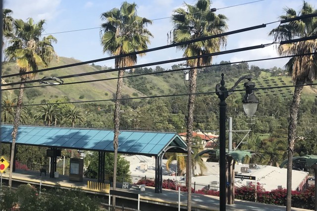 Landscape showing train station and palm trees