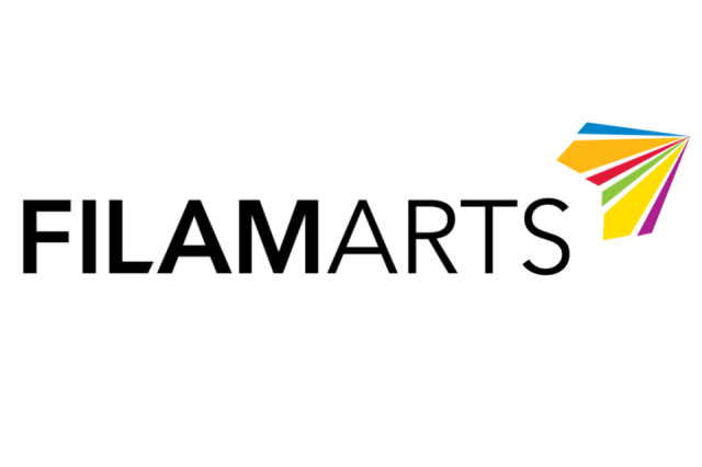 FilAm ARTS logo, black text with colorful shape in corner that resembles a paper plane