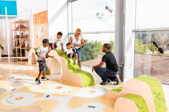 Family playing on a climbing structure in the Discovery Center