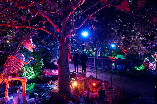 A nighttime scene with pink, blue, purple and green lighting, with a replica white dinosaur skeleton seen from behind on the left side of the frame, with a tree and gray wood bridge in the middle of the frame, and a small pond on the right side of the frame