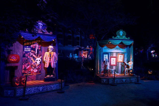 Two stage sets with skeletons at night