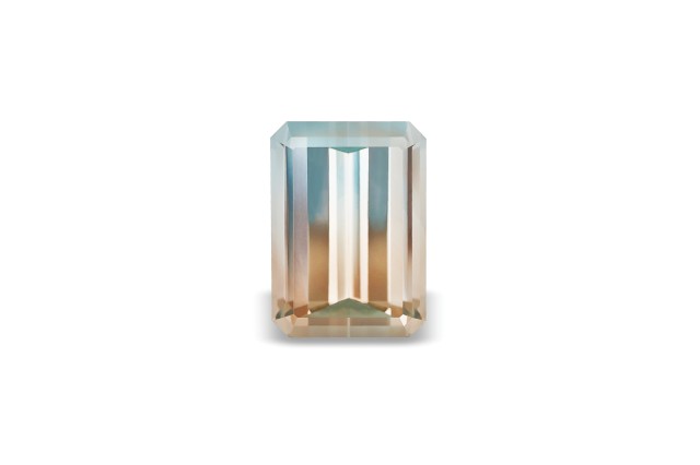 Rectangular-shaped gem with blue on the top and orange on the bottom