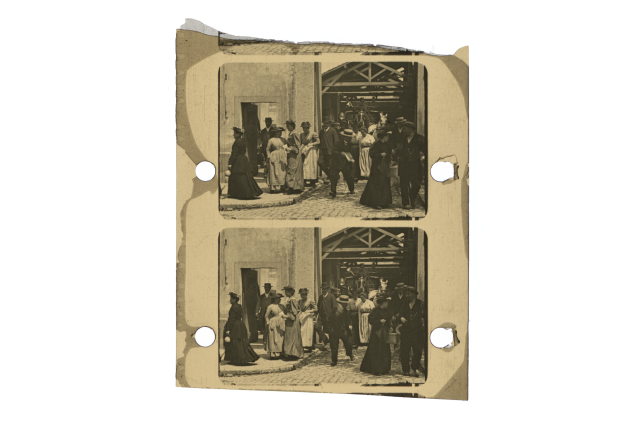An original Lumière film frame strip depicting workers leaving their factory
