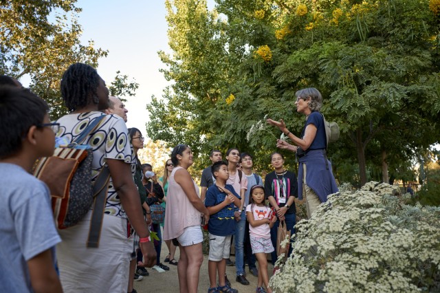 Group of visitors facing Carol Bornstein, surrounded by plants and tree