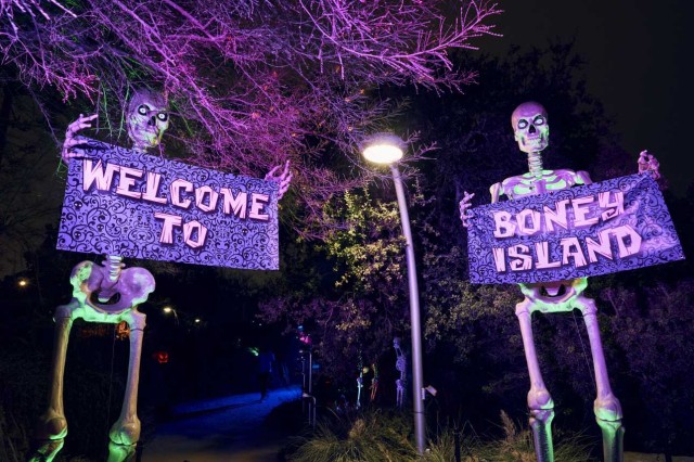 Two skeletons, holding Welcome to Boney Island signs, on either side of a path