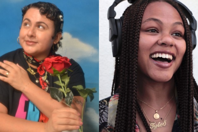 Head and shoulder portraits of one dj holding a rose and the other wearing headphones