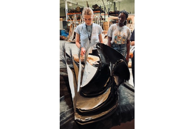 Interns looking at curved and layered specimen on a table