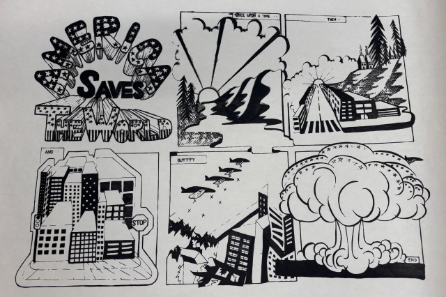 A six-panel comic strip depicting 'America Saves the World' in the first panel, a sunrise over untouched nature in the second, a single cabin in the third, a budding city in the fourth, planes dropping bombs in the fifth, and a mushroom cloud in the sixth panel all in black and white
