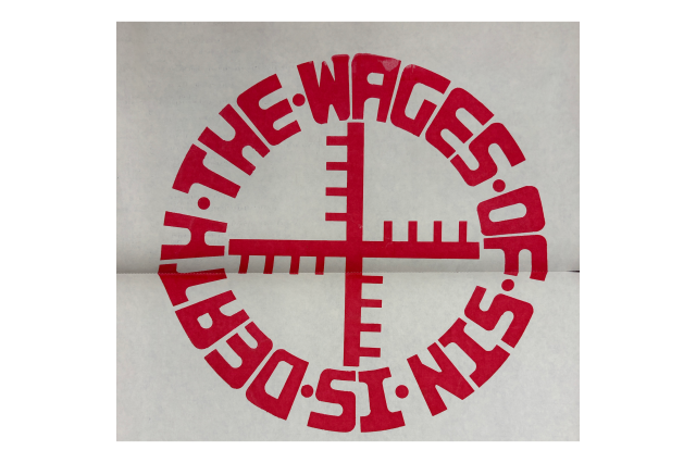 Image depicting "The wages of sin is death" in a circle with a cross in the middle